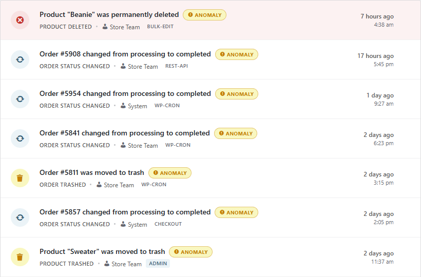 Activity feed listing store events colour-coded by severity, each row naming the change, who made it and how long ago