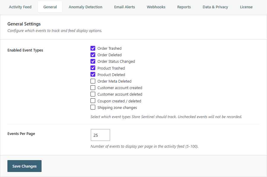 Settings screen showing the full tab bar and the choice of which event types are tracked